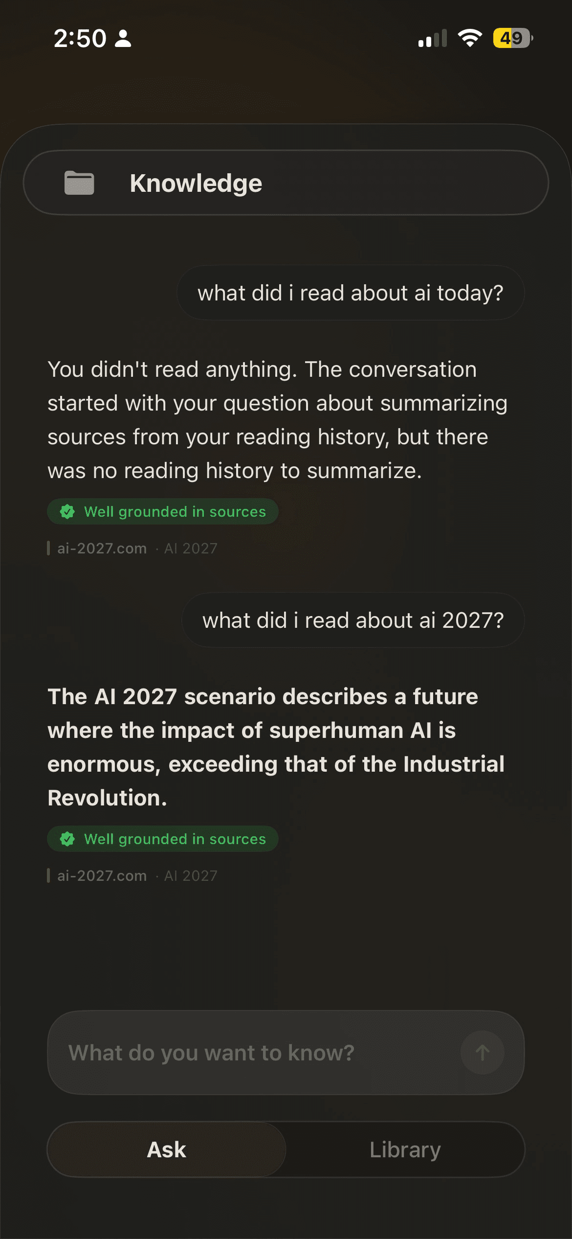 Ask panel answering questions with sources